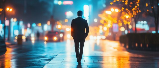 A man walks alone through a vibrant city at night.