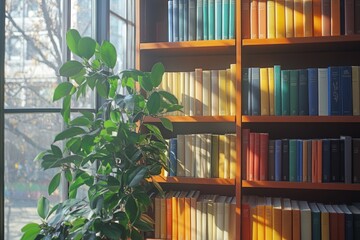 Sunlit Library Interior with Colorful Books on Wooden Shelves and Green Plant by Large Window