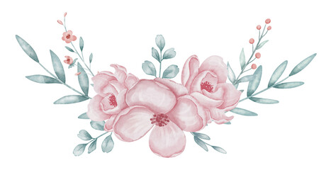 Pink Flowers with green branches watercolor illustration for wedding invitations or baby birthday cards in pastel colors. Floral drawing with pink roses for childish design. Botanical art for template