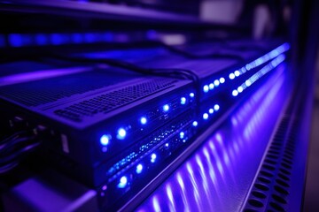 Modern Data Center with Blue LED Lights on Server Racks Showcasing Advanced Technology and Network Infrastructure
