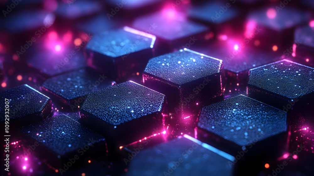Poster glowing hexagon structures: abstract 3d art with neon lights