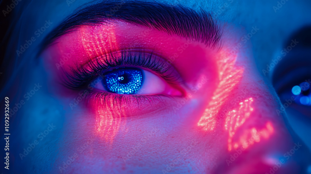 Poster a woman's eye captivates with vivid colored lights reflecting off her iris in a mesmerizing display,
