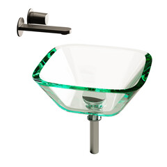 A glass sink with a green rim and a silver faucet