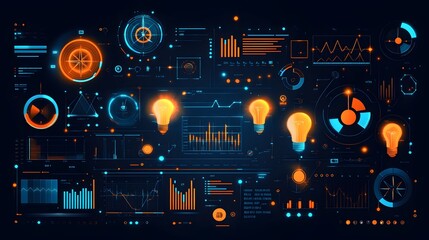 Obraz premium Business concept&nbsp;illustration featuring floating light bulbs, icons, charts, compass, and connecting&nbsp;elements in blue and orange, showcasing creative thinking and brainstorming process.