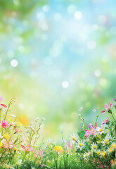 Blurred garden in spring nature outdoor background Lush green foliage with soft sunlight filtering through the forest canopy Peaceful sunrise over a lush forest with vivid green foliage and a clear 
