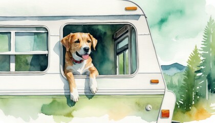 Watercolor painting of happy dog looking out of RV window surrounded by nature