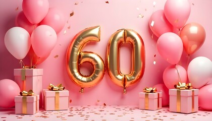 A pink and gold 60th birthday anniversary celebration with balloons and confetti