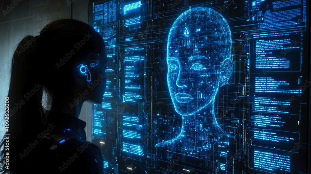 Poster a person engages with a glowing, digital representation of artificial intelligence amidst a complex 