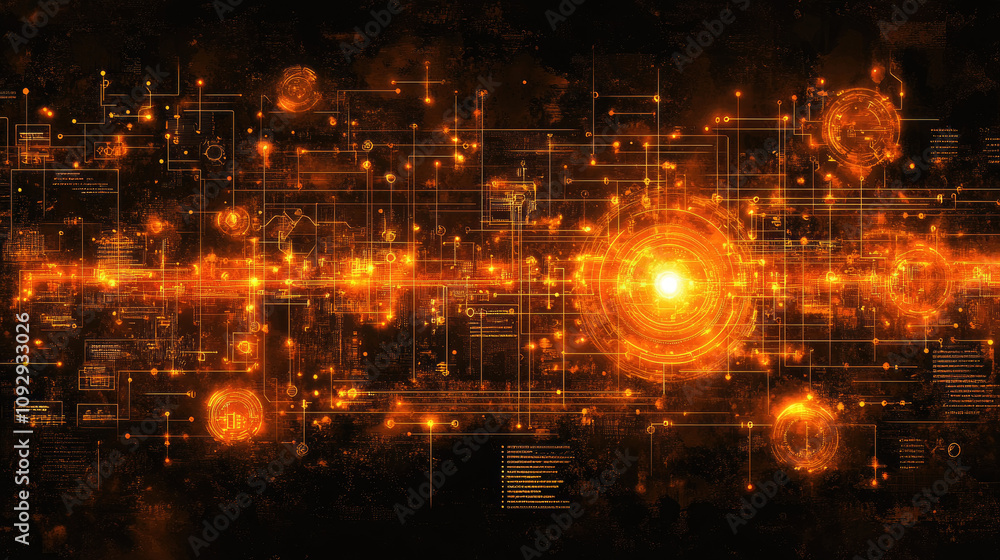 Poster bright orange patterns and shapes illustrate energetic connections and data flow against a black bac