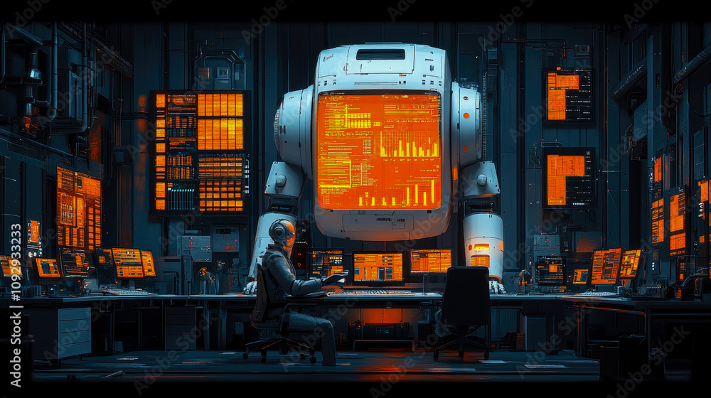 Poster a tech expert works intently at a control station with a towering robotic system, illuminated by ora