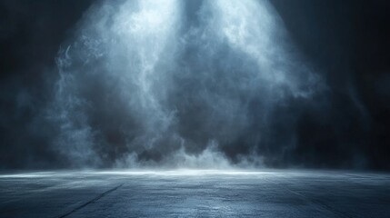 A dark room with a concrete floor and a spotlight. Suitable for dramatic or mysterious themed designs, theater and event promotion, and creative storytelling visuals. empty dark blue room