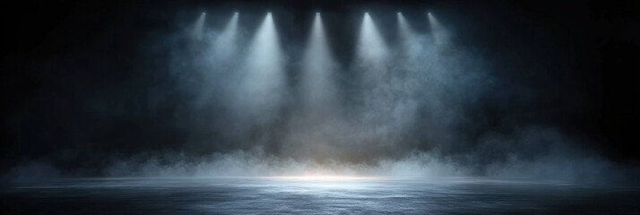 A dark room with a concrete floor and a spotlight. Suitable for dramatic or mysterious themed designs, theater and event promotion, and creative storytelling visuals. empty dark blue room