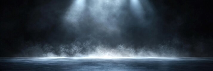 A dark room with a concrete floor and a spotlight. Suitable for dramatic or mysterious themed designs, theater and event promotion, and creative storytelling visuals. empty dark blue room