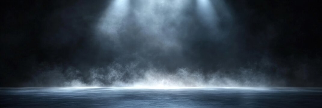 A dark room with a concrete floor and a spotlight. Suitable for dramatic or mysterious themed designs, theater and event promotion, and creative storytelling visuals. empty dark blue room