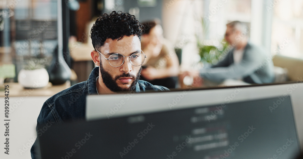 Poster Coding, computer and web development with man in creative workplace for design or programming. Cyber security, language and system maintenance with employee person in office as website developer