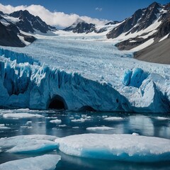A towering ice glacier, with bright blue ice and rugged snow-covered mountains.

