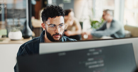 Coding, computer and web development with man in creative workplace for design or programming....