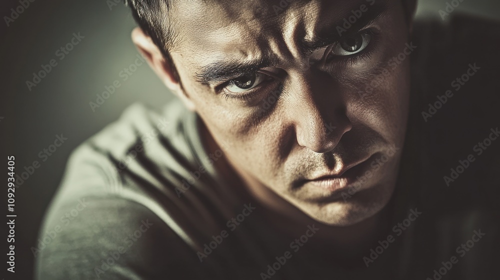 Poster a close-up of a man's intense expression, conveying emotion and introspection.