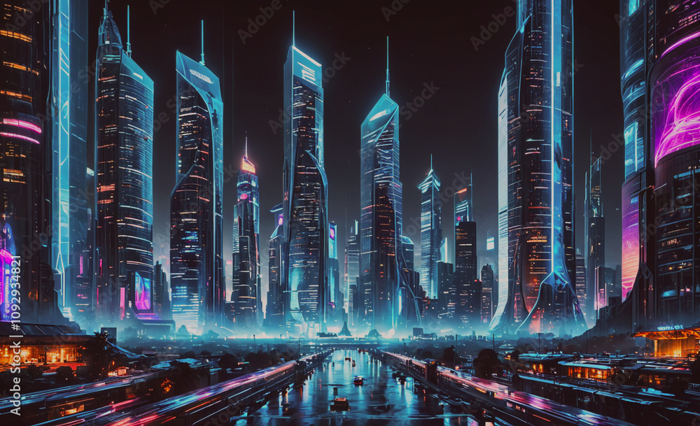 Poster cityscape with many buildings and a river. the buildings are lit up in neon colors. there are severa
