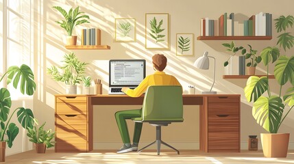 Business concept illustration featuring floating light bulbs, icons, charts, compass, and connecting elements in blue and orange, showcasing creative thinking and brainstorming process.