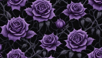 Gothic rose garden pattern with violet blossoms and thorns in a romantic style
