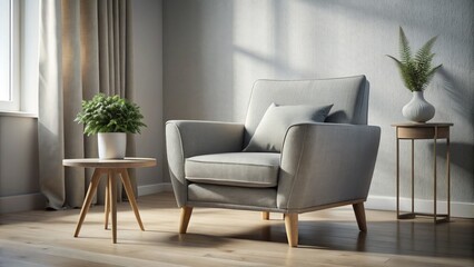 An elegant grey armchair enhances a minimalist room's modern design, creating a cozy atmosphere with soft textures and stylish decor in soothing neutral tones. Ideal for relaxation.
