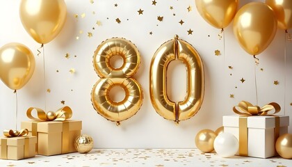 A white and gold 80th birthday anniversary celebration with balloons and confetti