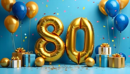 A blue and gold 80th birthday anniversary celebration with balloons and confetti