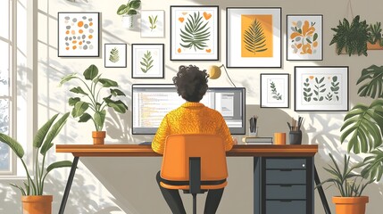 Business concept illustration featuring floating light bulbs, icons, charts, compass, and connecting elements in blue and orange, showcasing creative thinking and brainstorming process.