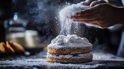 A baker's hands dust powdered sugar over a delicious two-layered cake with creamy frosting, creating a cloud of sweetness.