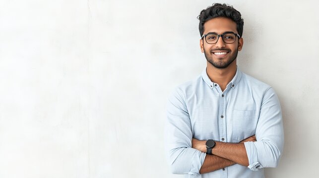 charismatic indian handsome young businessman in smart casual attire confident pose with folded hands against clean white backdrop warm smile conveys approachability and professionalism modern corpora