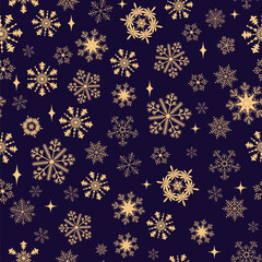 Seamless Christmas pattern with gold snowflakes on purple background. Winter decoration. Happy new year vector illustration for decoration textile, packaging.