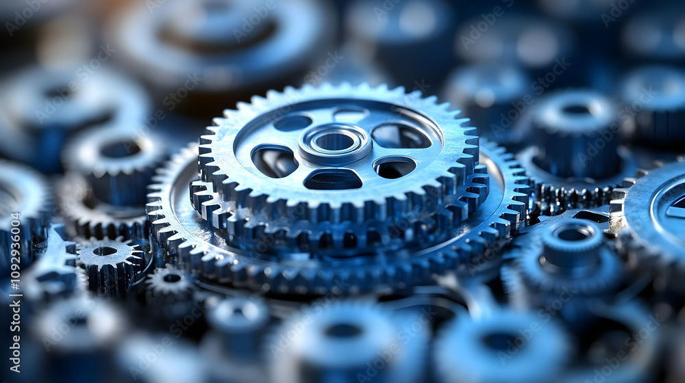 Poster interlocking gears: precise machine components working together seamlessly in industry.