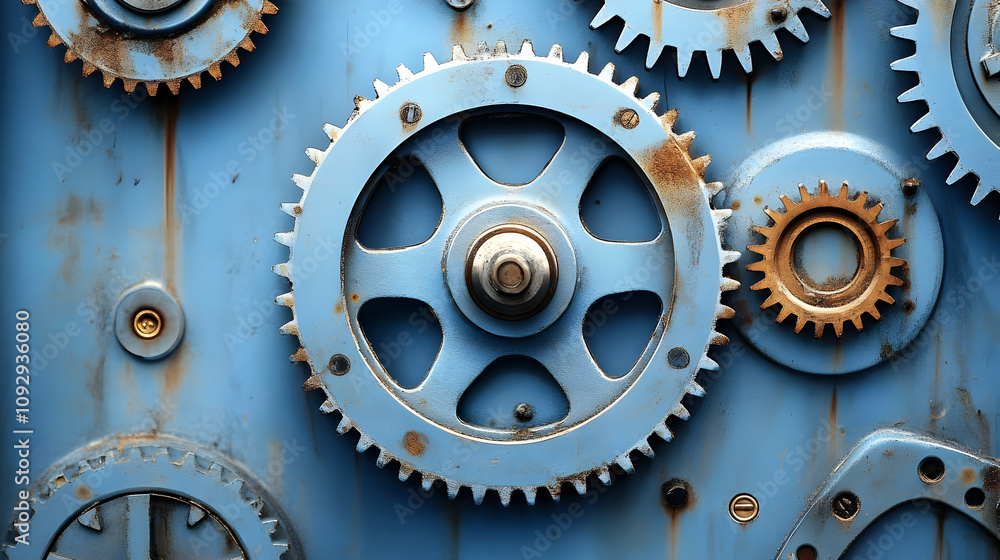 Aufkleber rusty gears interlock: complex machine mechanism in motion
