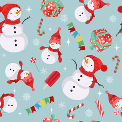 Seamless snowman, gifts, ice cream and candy canes pattern for Christmas. For decoration textile, packaging.