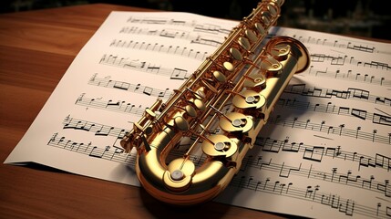 Fototapeta premium A photo of a saxophone with sheet music