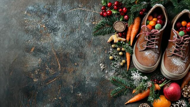 Festive arrangement with shoes filled with candy, pine cones, oranges, and carrots for celebrating happy st. nicholas day ai