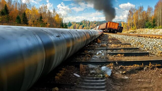 Scenic view of a train derailing near a forested area with autumn foliage, emphasizing nature's beauty amid industrial disruption and unexpected events.