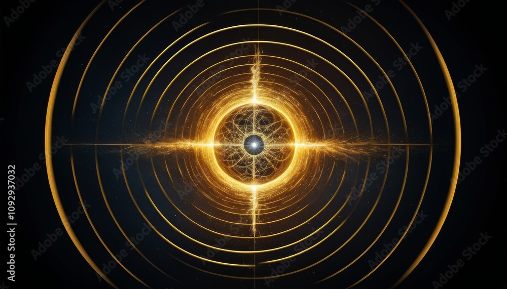 Poster higgs boson representation with concentric golden waves and a central particle on a dark background
