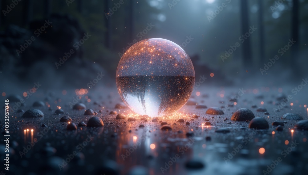 Poster higgs boson concept with a reflective sphere in a misty forest setting and glowing particles