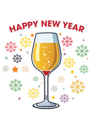 Happy New Year Greeting Card Design with Wine Glass, Colorful Snowflakes Decoration in White Background Illustration.