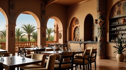 Fototapeta premium Here's a description and keywords for your image.. Elegant patio restaurant with arched doorways, ornate pillars, and desert views.