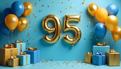 A blue and gold 95th birthday anniversary celebration with balloons and confetti
