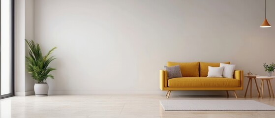 Modern Living Room Interior Design Yellow Sofa Minimalist Decor White Walls