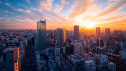 高層ビルに映る朝日、日本の都市の朝の輝き
