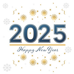 Happy New Year 2025 Greeting Card Design with Golden Confetti and Snowflake Decoration Png Vector Illustration.