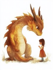 Hand draw Illustration art of dragon and girl for book on white background