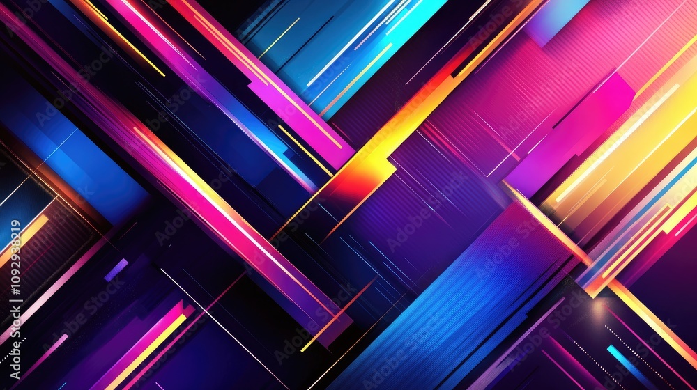 Poster abstract rainbow static with geometric patterns and glitch effects, creating a retro-futuristic scen