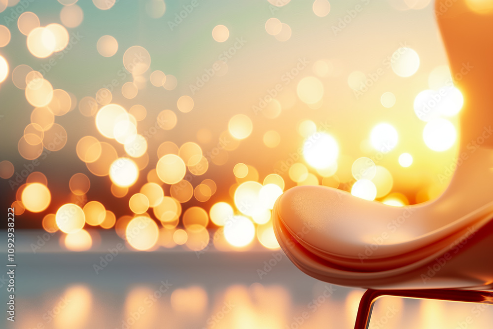 Poster soft bokeh lights create a calm backdrop for a modern chair, enhancing a tranquil setting perfect fo
