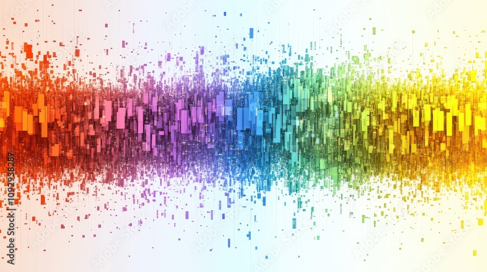 Poster abstract rainbow static with geometric patterns and glitch effects, creating a retro-futuristic scen